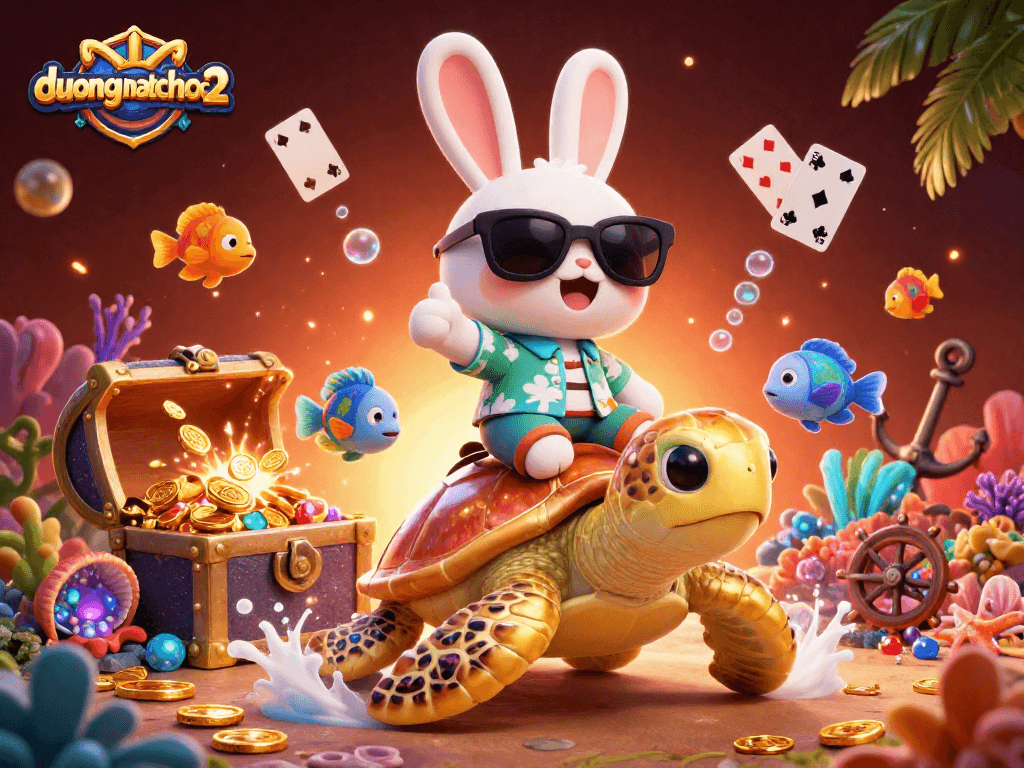 Dive into duongmatchuoc2 as an adorable rabbit rides a giant turtle, surrounded by treasures and casino elements.