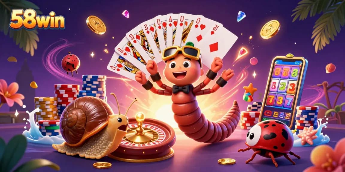 Join the excitement at 58win as the cartoon millipede dealer showcases cards and chips in a vibrant casino scene.