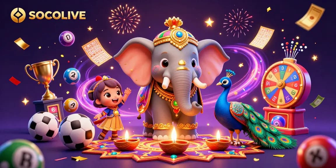 SOCOLIVE showcases a vibrant sports betting scene with a dynamic elephant and peacock amid colorful game elements.