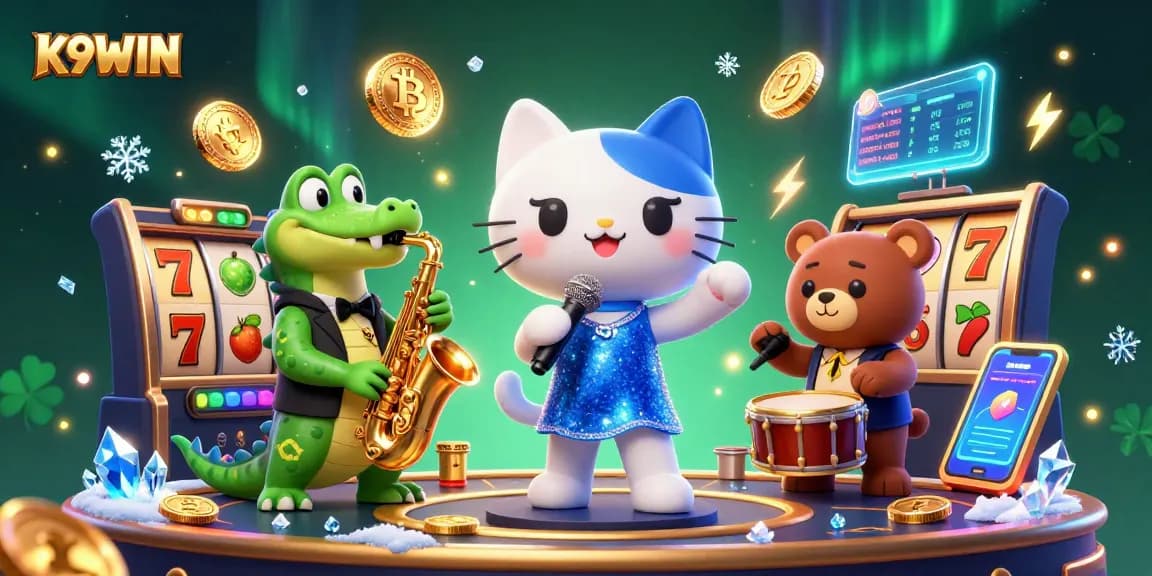 K9WIN's lively casino scene with a jazz-singer cat, saxophone-playing crocodile, and drum-playing bear, engaging players to enjoy slot games.