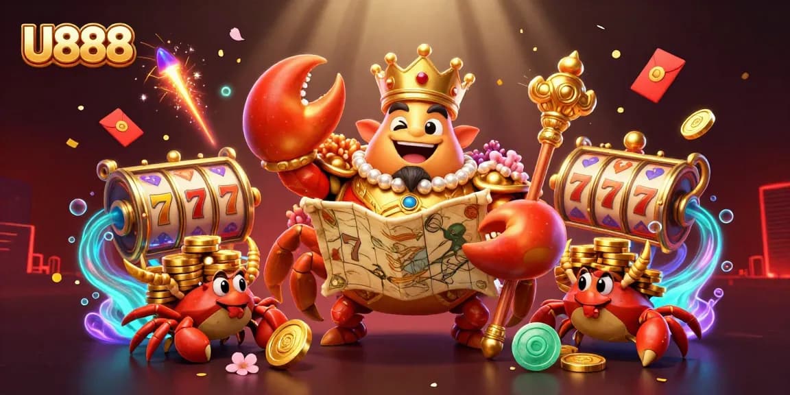 Place your bets with U888's golden crab emperor amidst vibrant casino elements