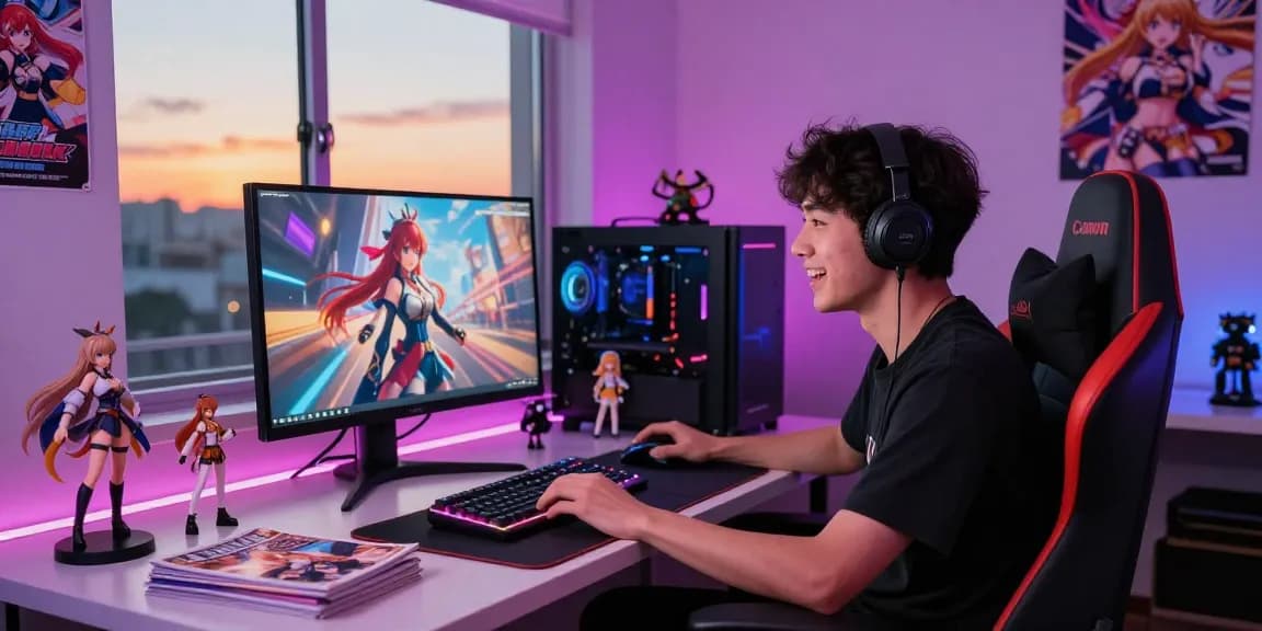 Engaged gamer playing real ecchi game in a vibrant gaming setup with modern accessories.