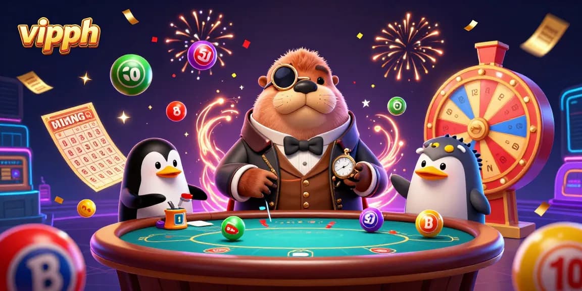 Join the fun at Vipph, where a walrus, penguin, and pufferfish play poker amidst colorful casino elements!