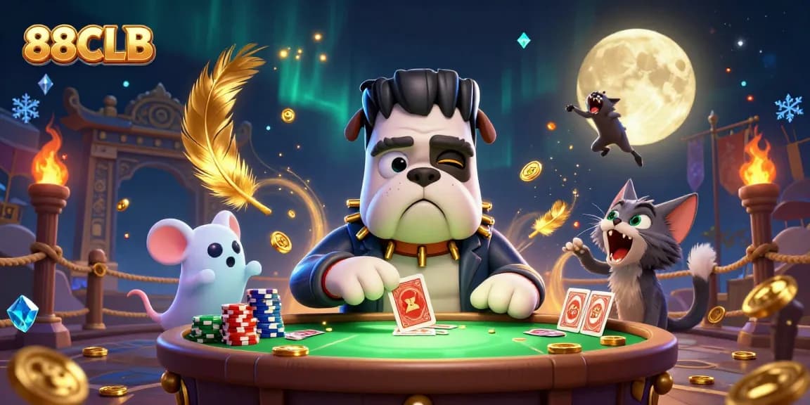 Engage with the thrilling atmosphere of 88CLB's dynamic casino scene featuring fantastical characters.
