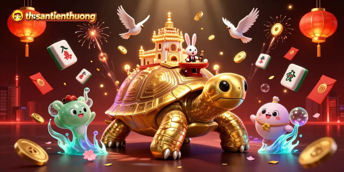 Experience thrilling wins with thosantienthuong featuring a golden tortoise casino scene rich in vibrant details.