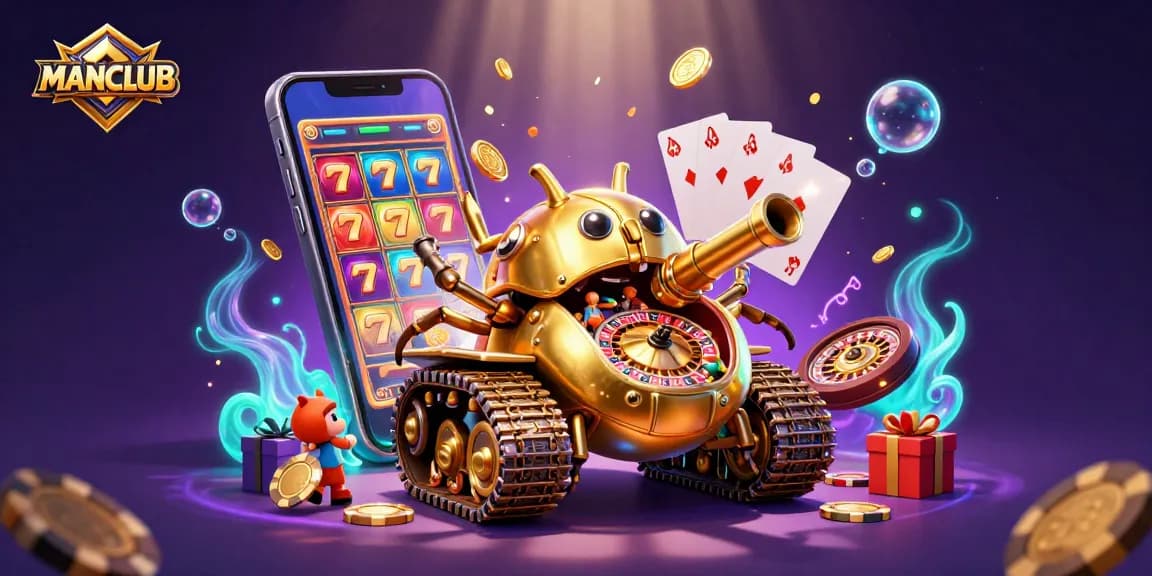 Experience the thrill of gaming at MANCLUB featuring a mini casino inside a golden beetle tank.