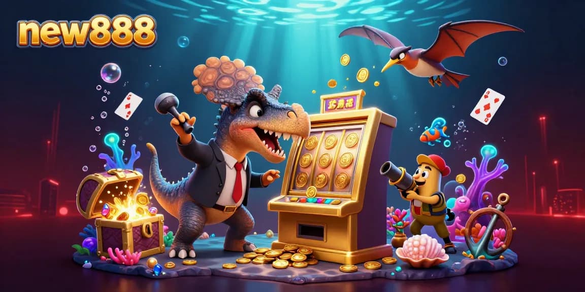 new888 celebrates big wins with a fun 3D casino scene featuring characters, slot machines, and flying coins