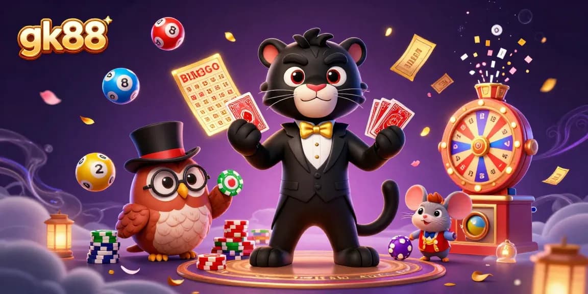 Engage in thrilling games at gk88 with a panther dealer, owl, and lucky mouse in a vibrant casino scene.