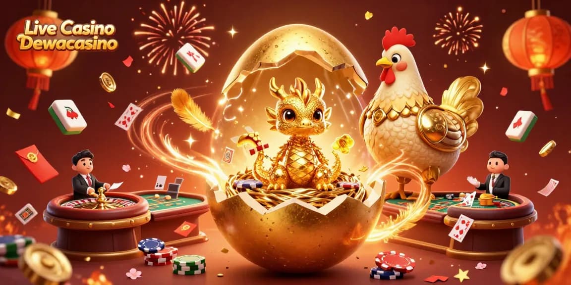 Experience thrilling Live Casino Dewacasino with a dazzling illustration featuring golden elements and dynamic casino games.
