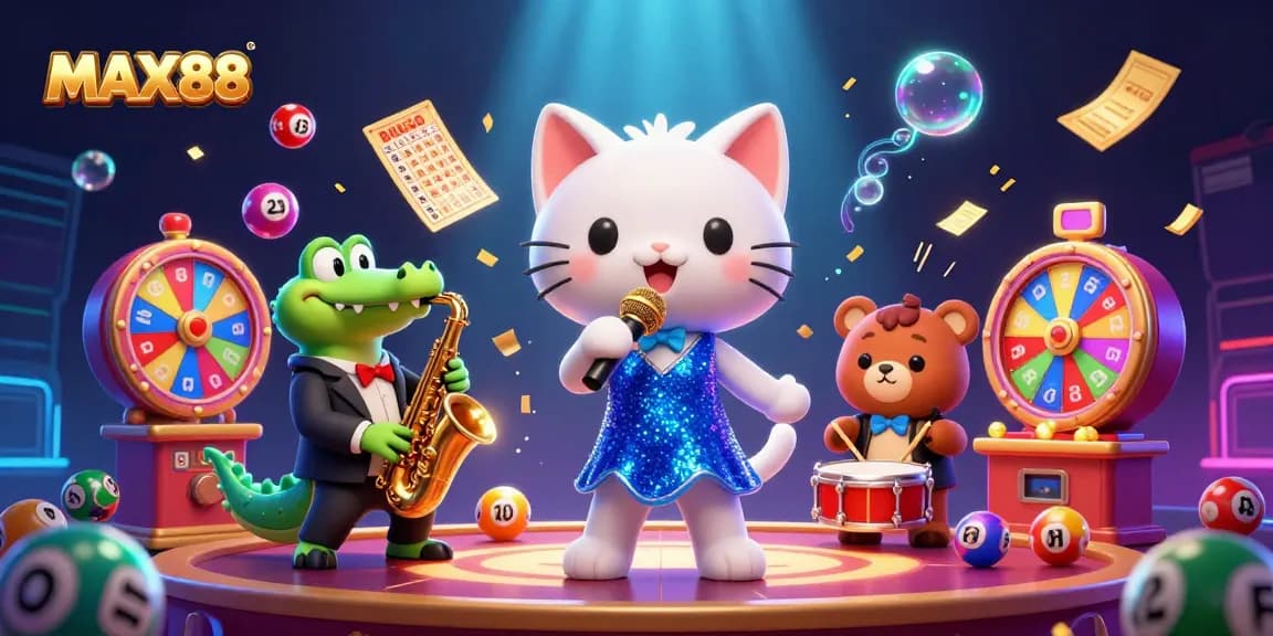Join the excitement at MAX88, featuring a lively casino scene with musical characters and vibrant game elements.