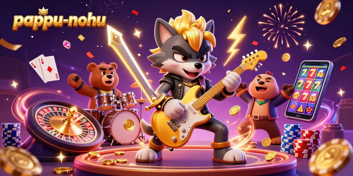 Pappu-nohu casino illustration showcasing a rock star wolf and a drummer bear in a vibrant gambling scene.