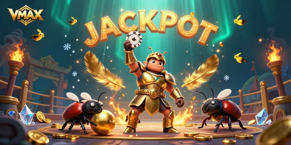 VMAX champions elevate their gameplay with a thrilling jackpot experience amid vibrant casino elements.