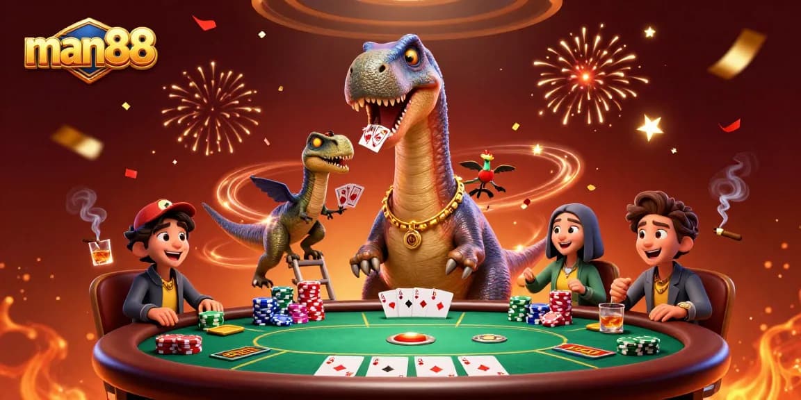Experience thrilling gameplay at man88 with giant dinosaurs overseeing an exciting poker game.