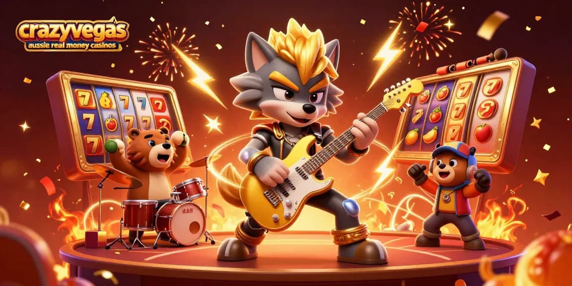 Experience the excitement of crazyvegas aussie real money casinos with vibrant slot reels and energetic characters.