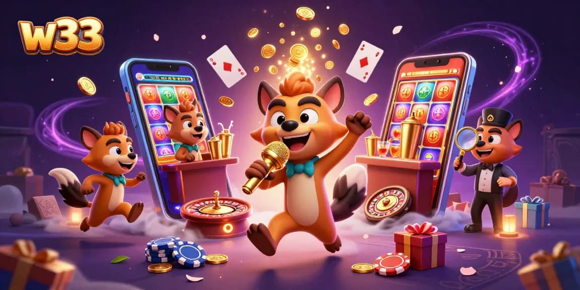 Join the fun at w33 casino with hyenas running a comedy club, featuring engaging games and vibrant atmosphere.