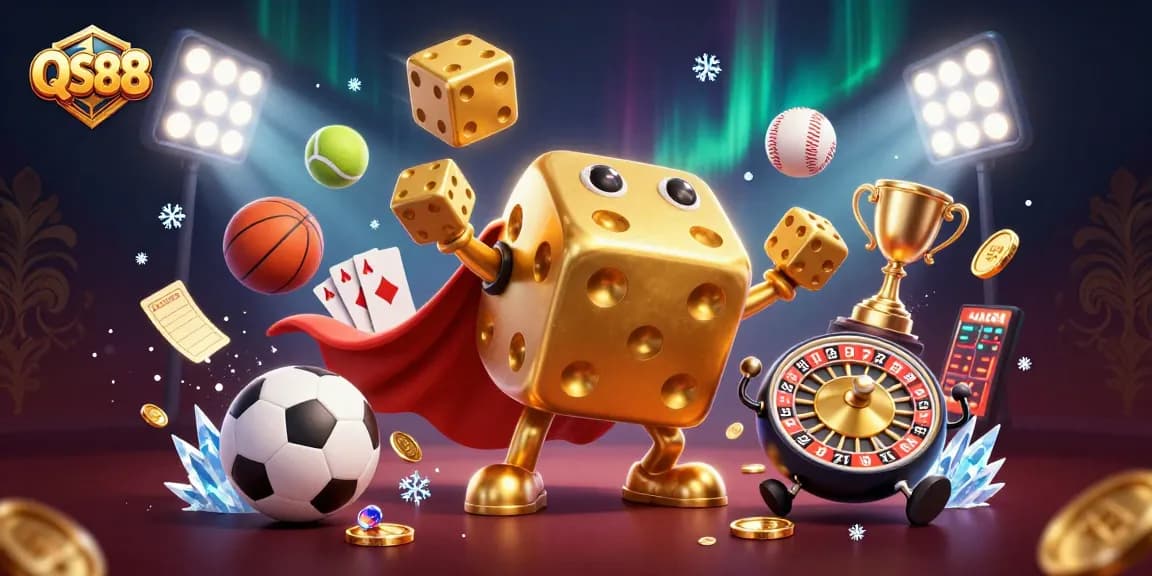 Experience the thrilling world of QS88 gambling with dynamic sports elements and golden dice in a vibrant 3D illustration.