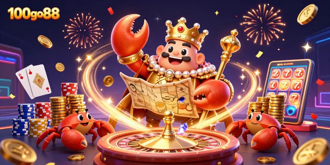 Experience the thrills of playing at 100go88 with its vibrant 3D casino illustration packed with engaging elements.