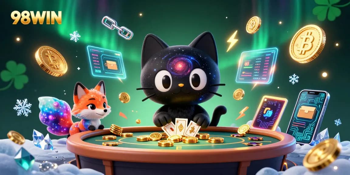 Experience 98WIN's cosmic casino realm, with animated characters and crypto elements enhancing the gaming excitement.
