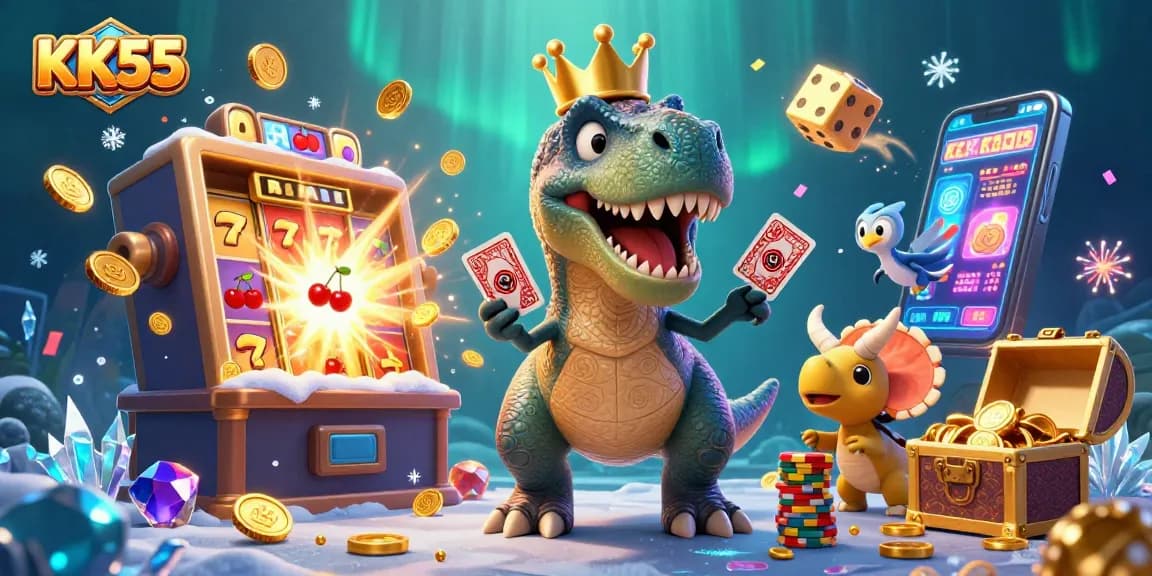 KK55 shows a playful T-Rex shuffling cards amidst vibrant casino elements, illustrating fun gaming.