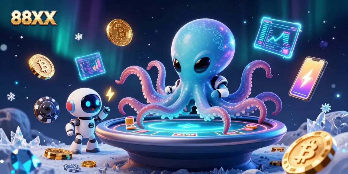 Play with 88XX at the holographic poker table as an alien octopus and robot delight in cosmic gaming!