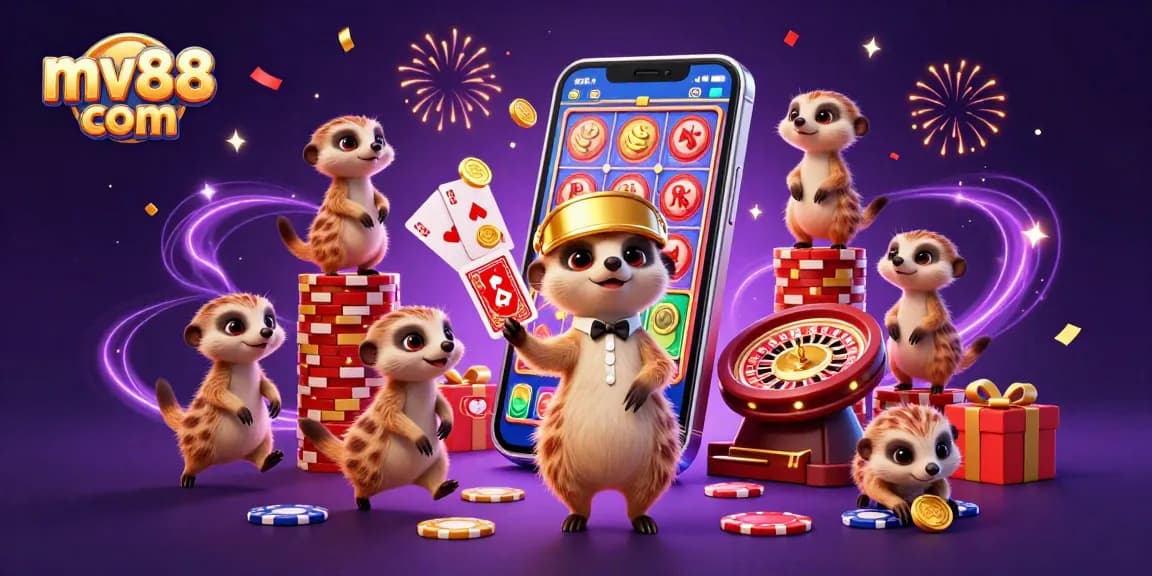 Experience excitement at mv88 com with playful meerkats engaging in casino games and winning actions.