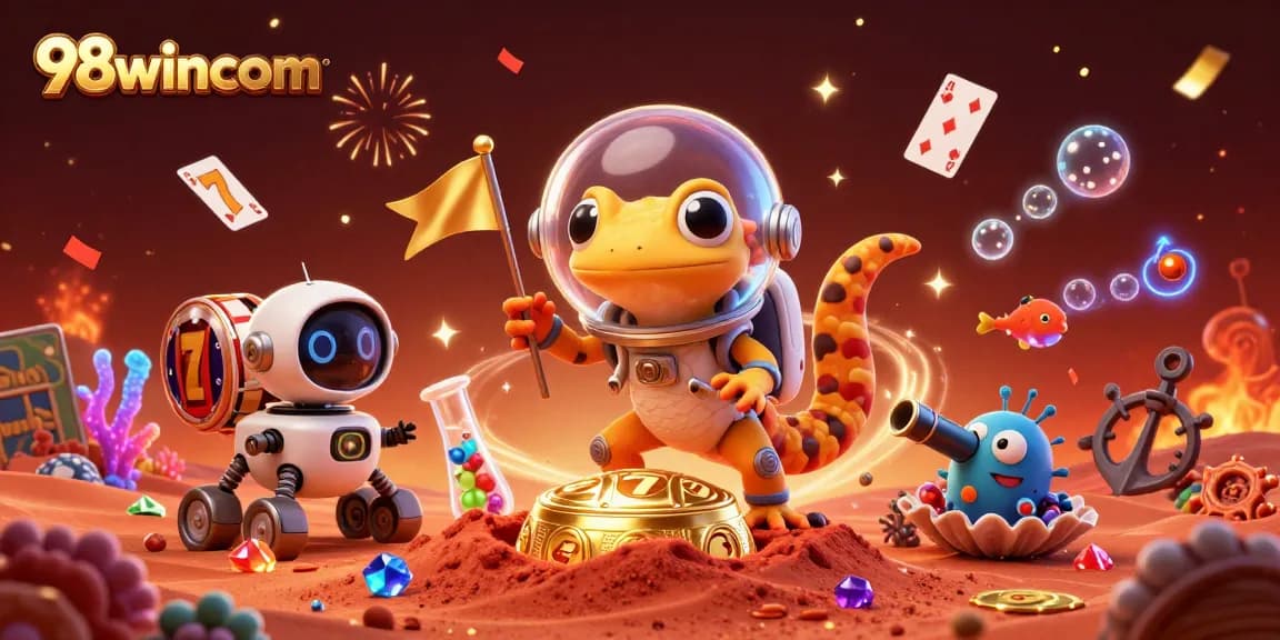 Engage with vibrant 98wincom casino scene featuring Martian gecko and dynamic gaming elements.