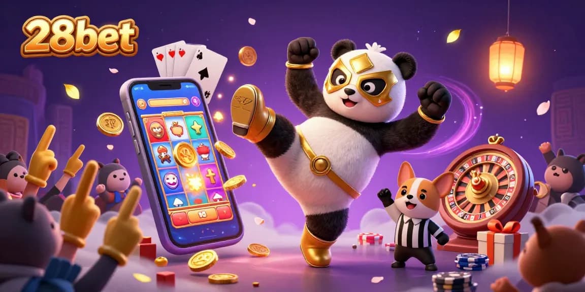Experience thrilling betting at 28bet with a panda wrestler amidst exciting casino elements!