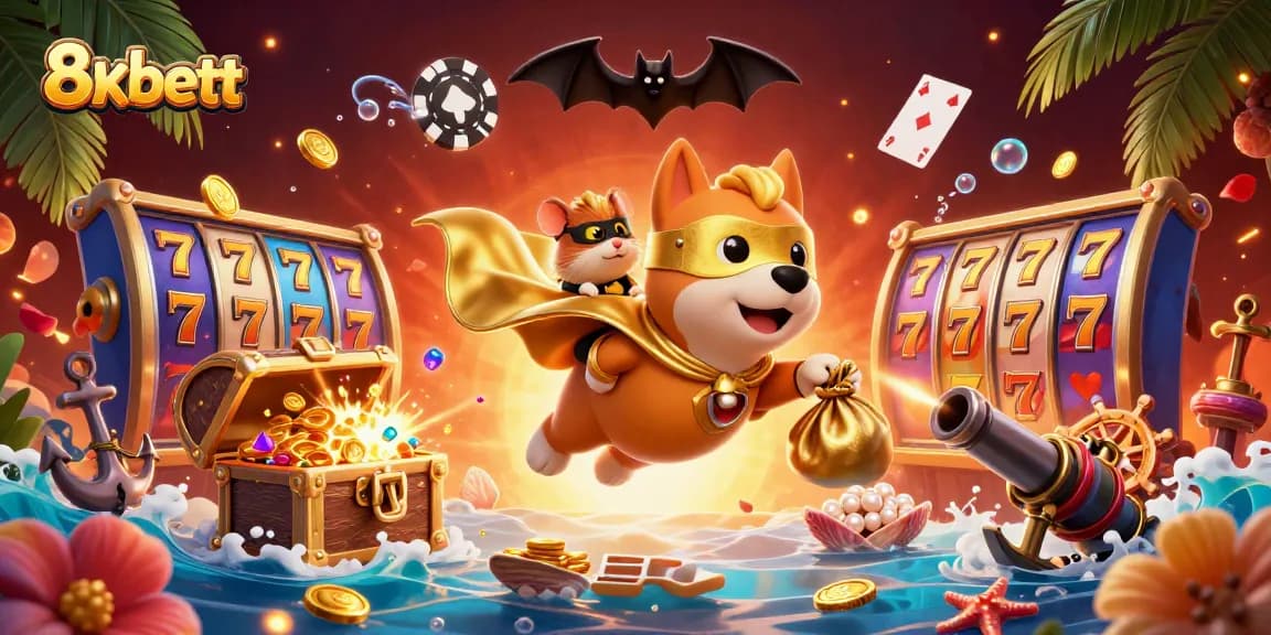 Experience thrilling gaming with 8xbett, where a superhero dog flies with coins amidst vibrant casino-themed elements.