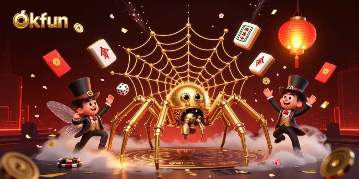 Engage with okfun as the golden spider spins a web of luck amidst vibrant gambling elements.