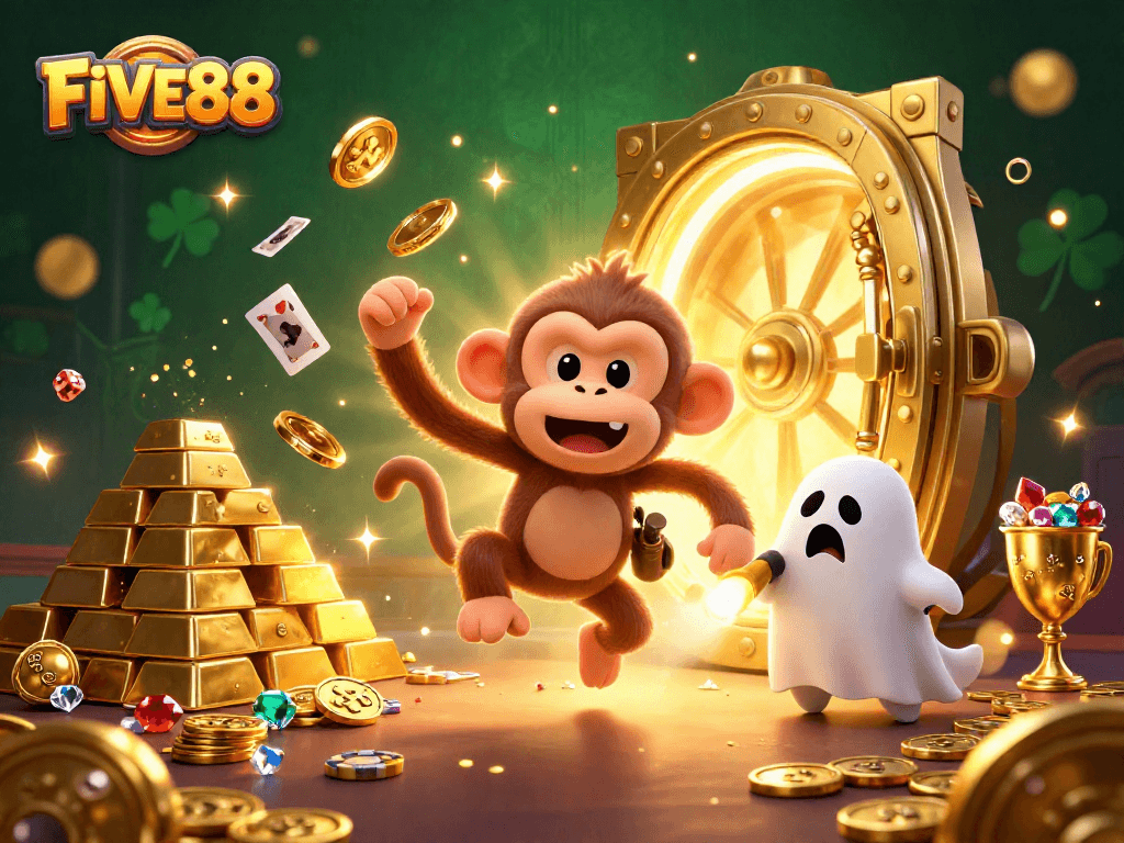 Engaging FIVE88 scene showcasing gaming elements and a playful poltergeist monkey in a vibrant haunted casino.