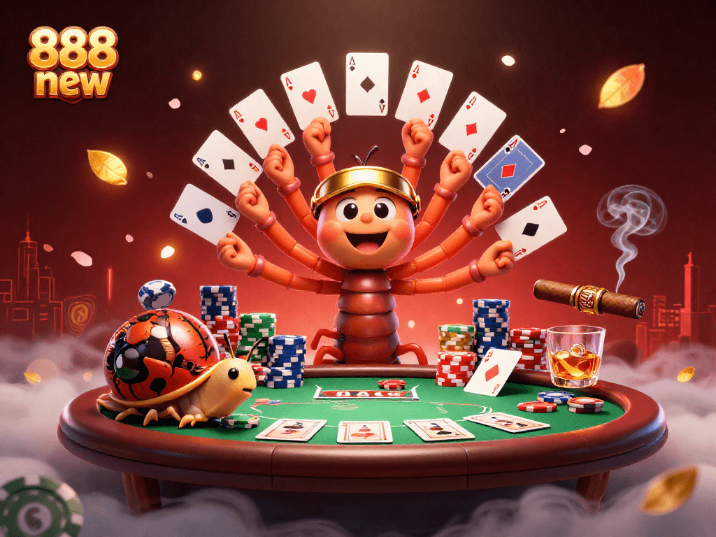 Play strategically with 888 new at a dynamic poker table featuring a colorful dealer scene.