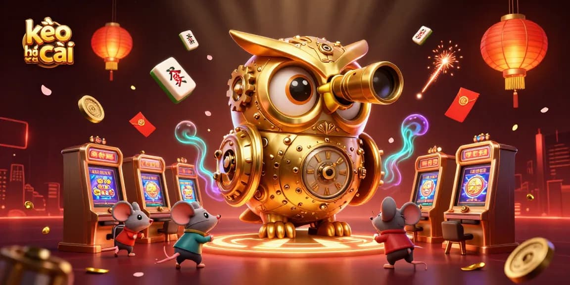 Engaging kèo nhà cái illustration showcasing a golden owl with dynamic casino elements and vibrant ambiance.
