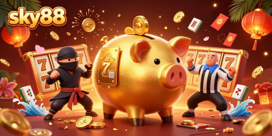 Watch the sky88 piggy bank sumo wrestler unleash a jackpot of coins in this vibrant casino scene.