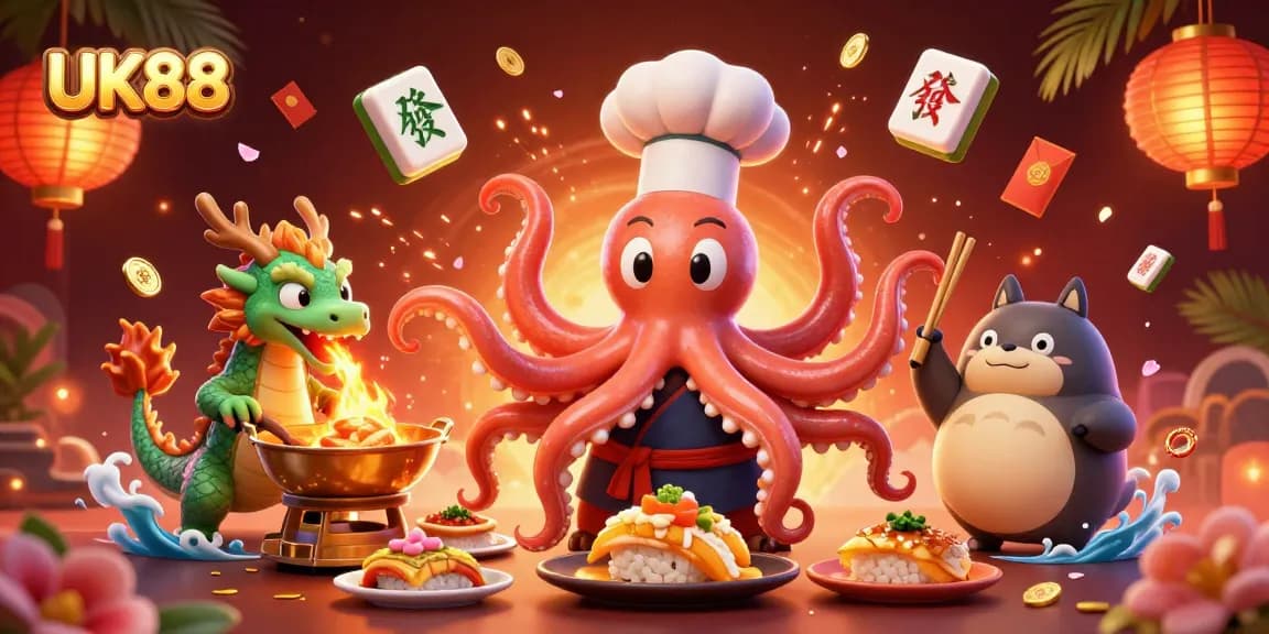 Experience the excitement of UK88 with animated characters celebrating golden wins in a vibrant casino scene.