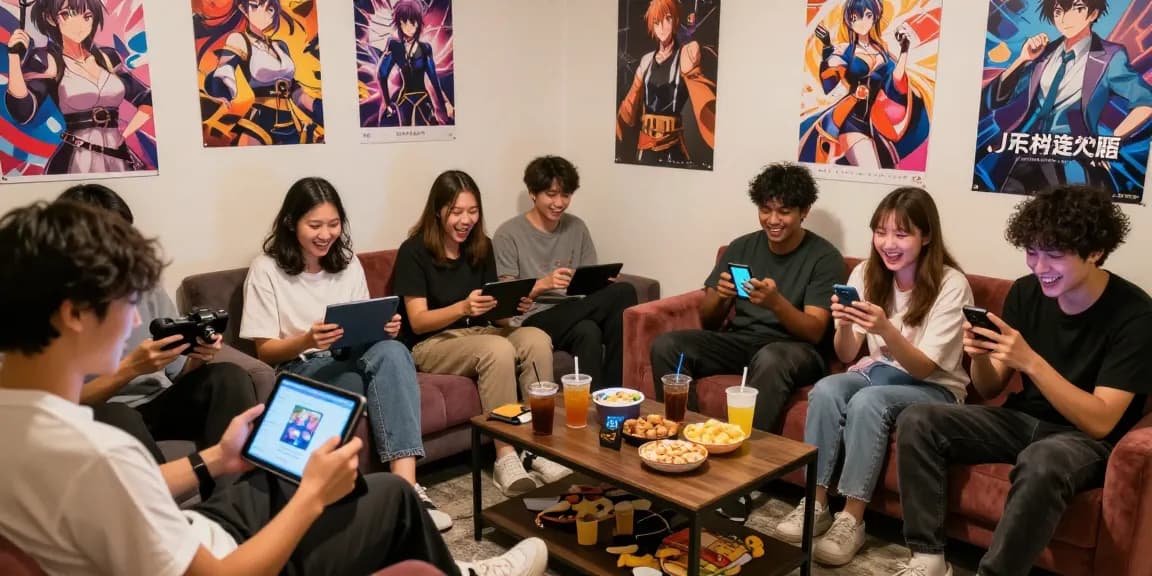Engaging group playing free hentai game on multiple devices, showcasing vibrant gaming lounge atmosphere.