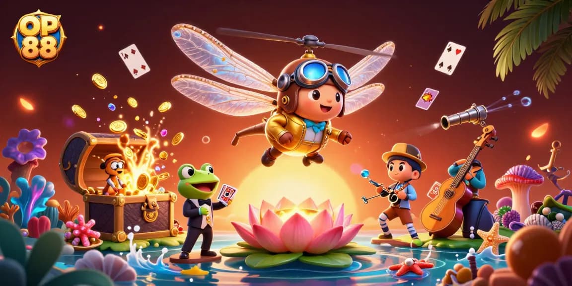 Experience thrilling moments at OP 88's vibrant lily pad casino with a lively dragonfly pilot and frog dealer.