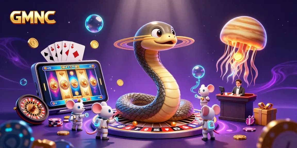 GMNC showcases a vibrant cosmic casino scene with a Saturn snake and astronaut mice placing bets.