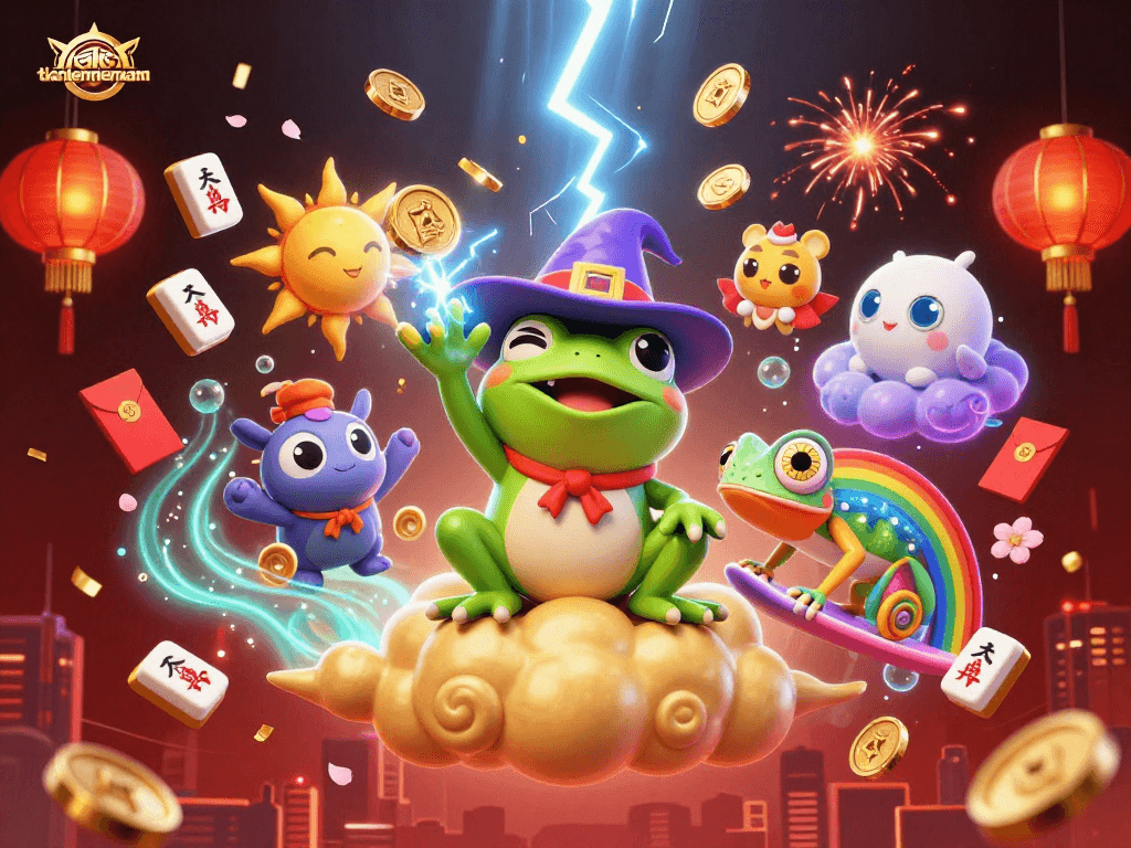 Engage in thrilling games with tienlenmiennam as a wizard frog conjures gold coins during an electrifying competition.