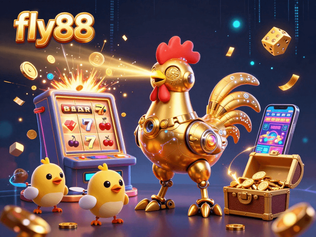 Experience excitement with fly88's casino adventure featuring a golden rooster robot and thrilling games.