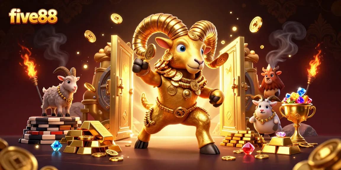 Experience the excitement of five88 as a golden ram charges through a treasure-filled casino realm.