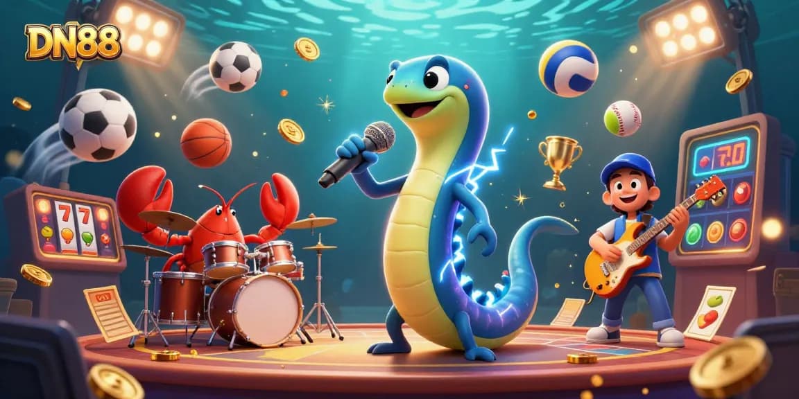 Experience thrilling gameplay at DN88 with an electrifying underwater casino scene featuring dynamic characters.