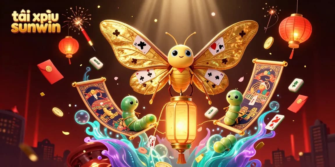 Tài xỉu sunwin gameplay featuring a vibrant 3D scene of a golden-winged moth and live casino elements.