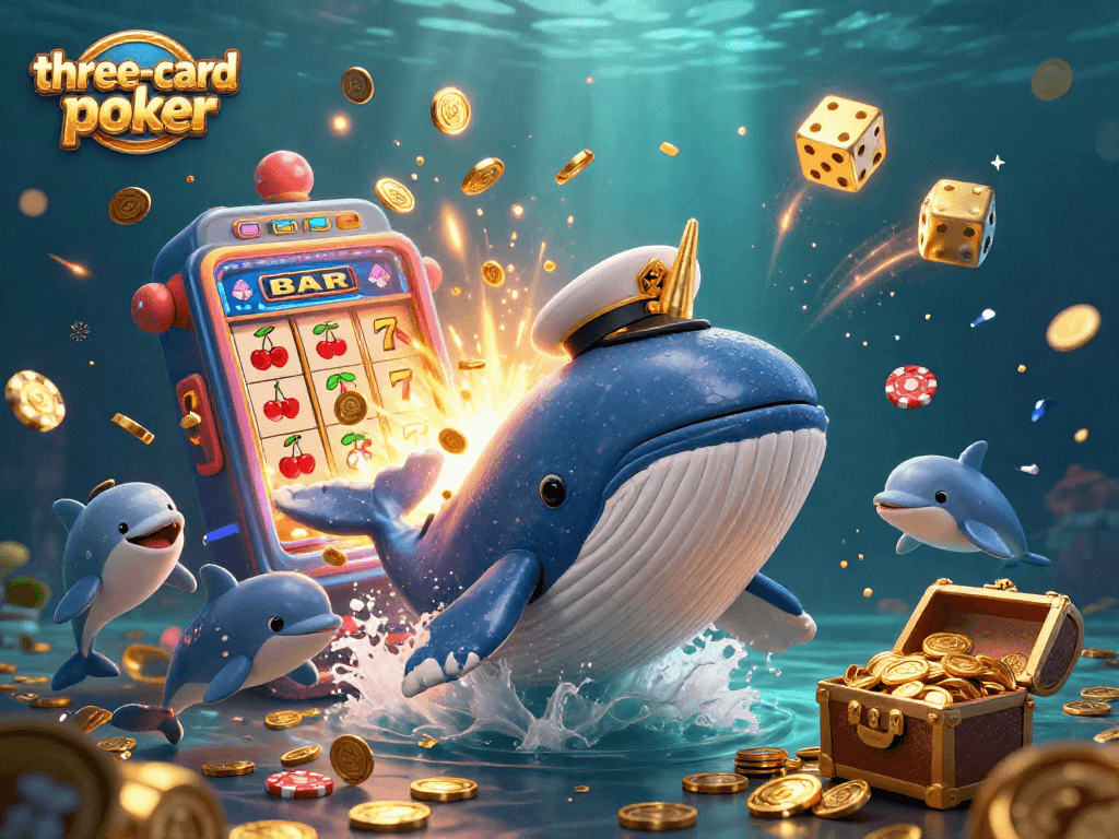 Experience the excitement of three-card-poker with a whimsical underwater scene featuring vibrant characters and casino elements.