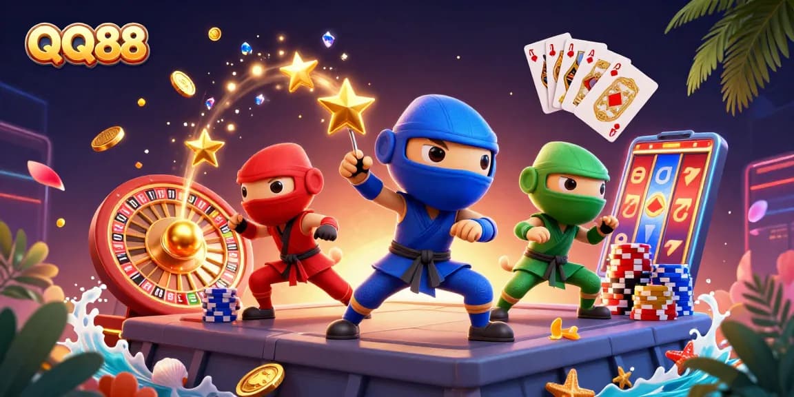Experience QQ88's vibrant casino atmosphere with 3D chameleons in action, embodying thrilling gaming.