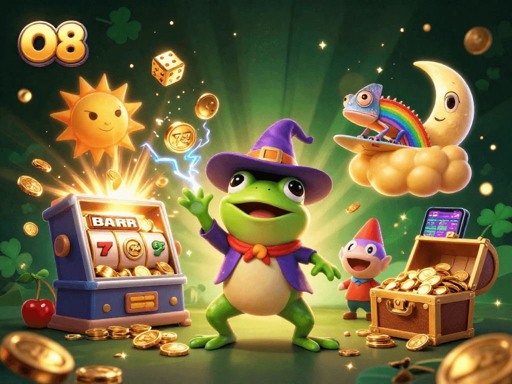 Experience the fun of O8 with exciting slots, golden coins, and vivid characters in this vibrant 3D casino scene.
