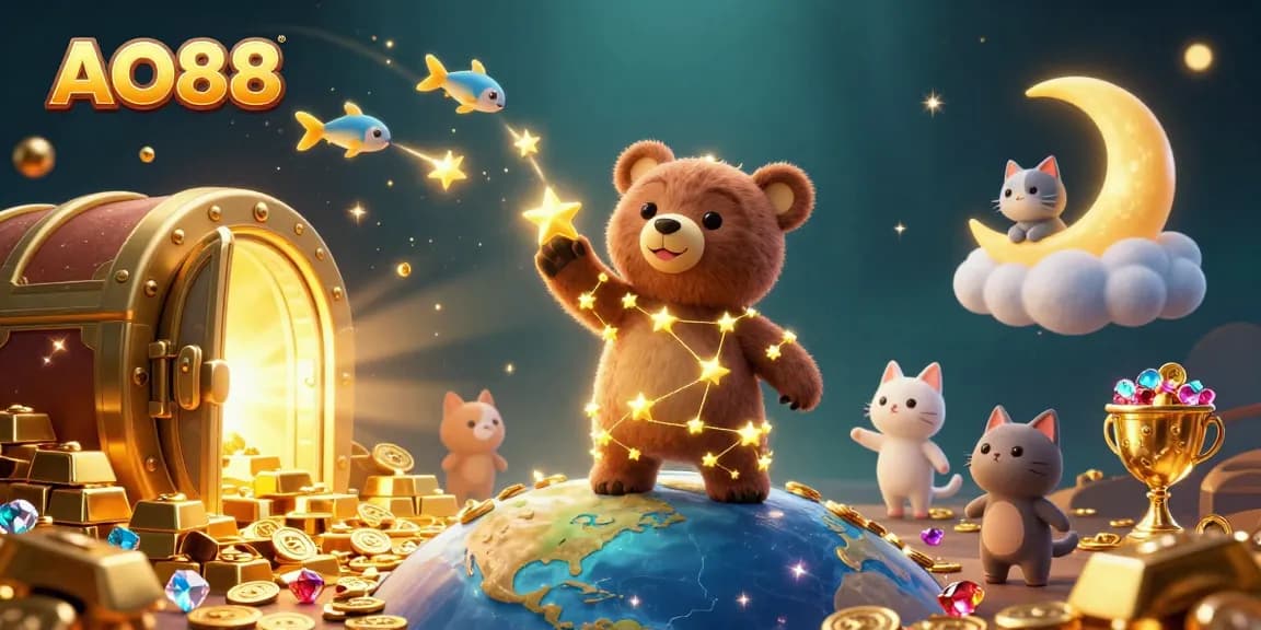 Winning at AO88: The illustrated scene of a constellation bear and treasures in a vibrant casino world.
