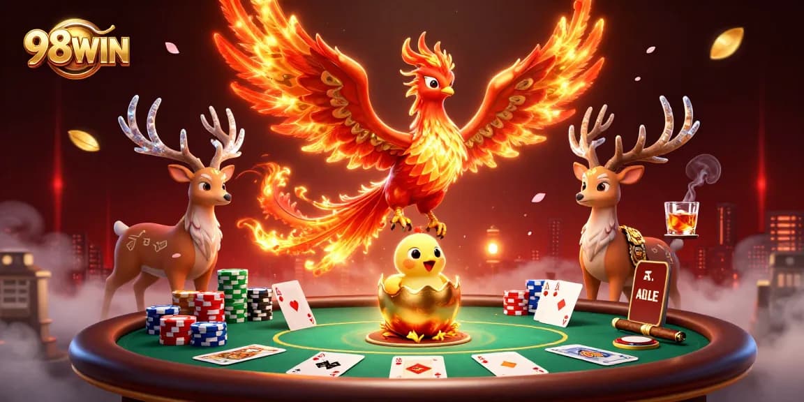 Engage in thrilling gaming adventures at 98WIN with a vibrant 3D casino scene.