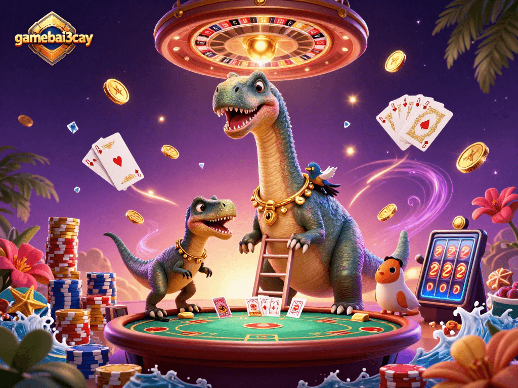 Engage with thrilling gameplay at gamebai3cay, where a brontosaurus, raptor dealer, and vibrant casino elements collide!