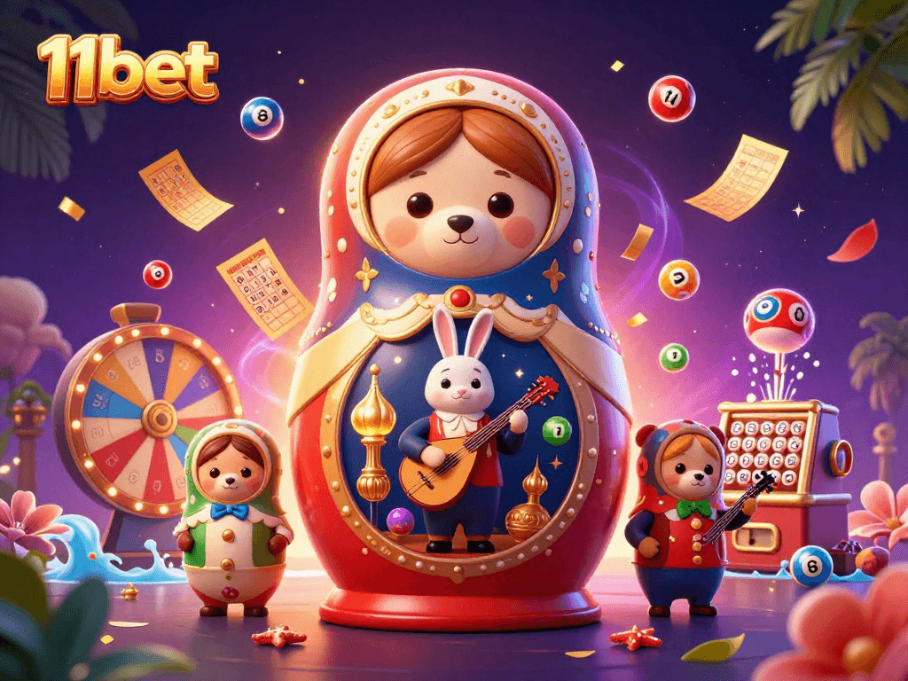 11bet showcases a vibrant 3D illustration with cartoon bears as casino dealers and lottery elements