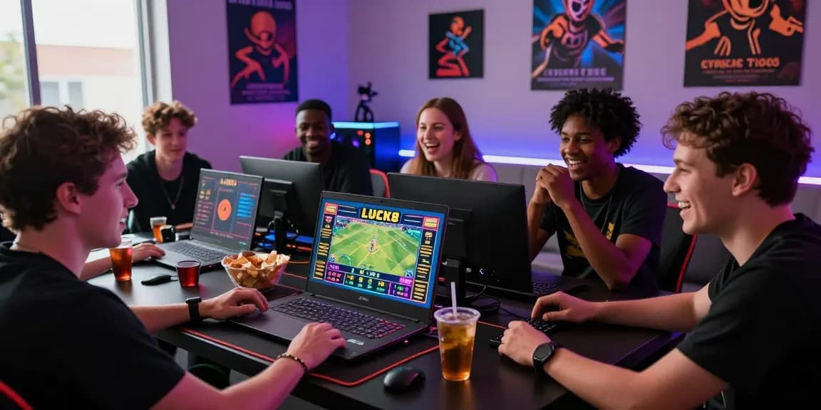 Group of friends enjoying intense LUCK8 online gaming session with vibrant atmosphere.